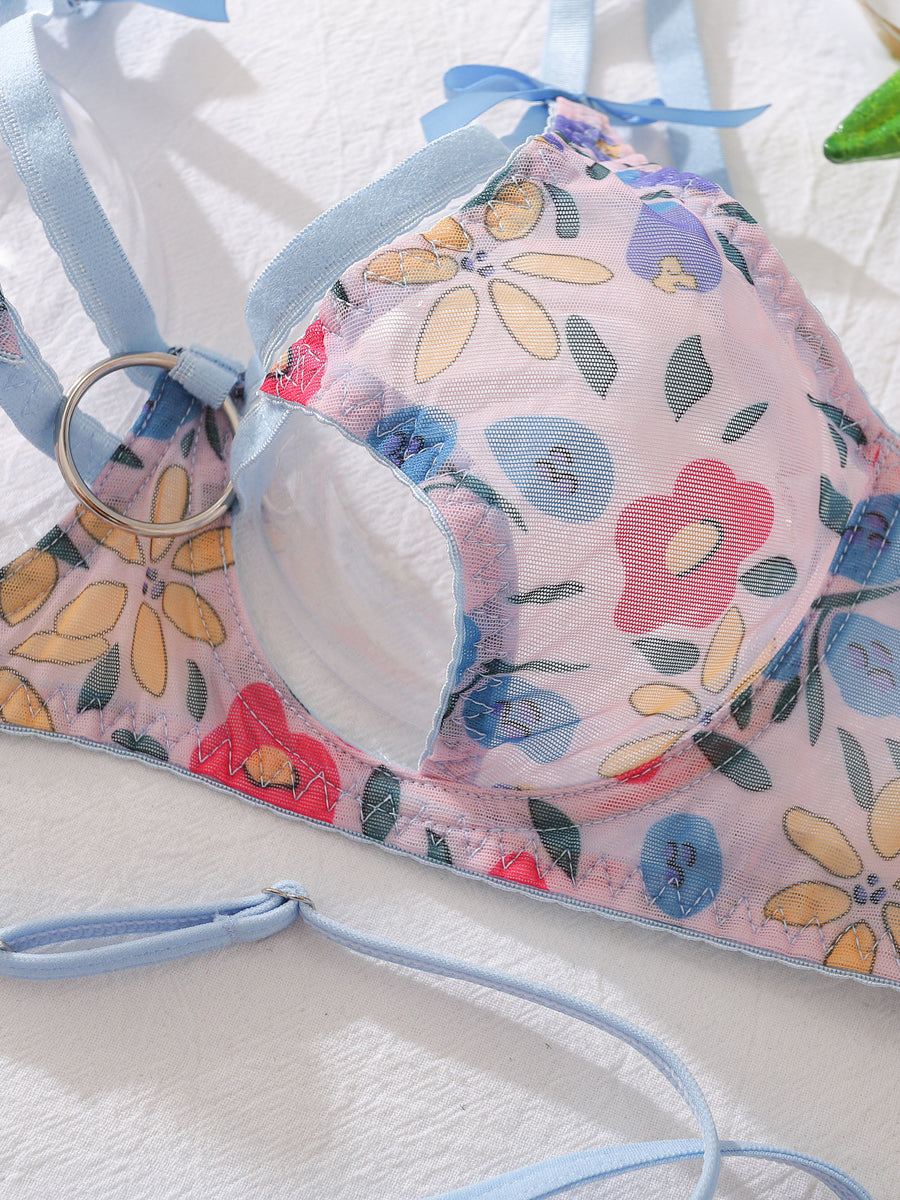 Sexy cute floral erotic lingerie four-piece set