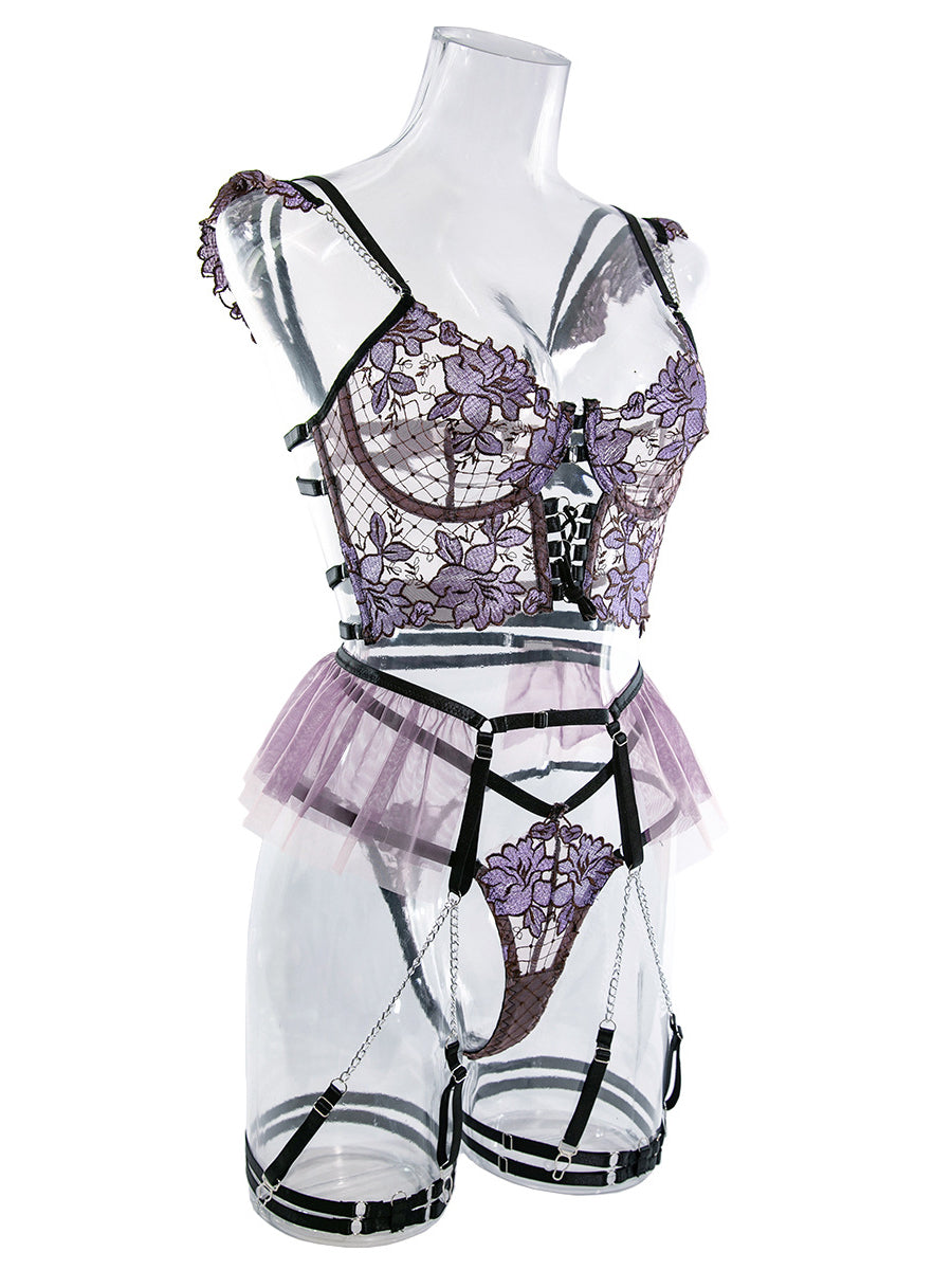 Sexy lingerie embroidered flower metal pendant four-piece set