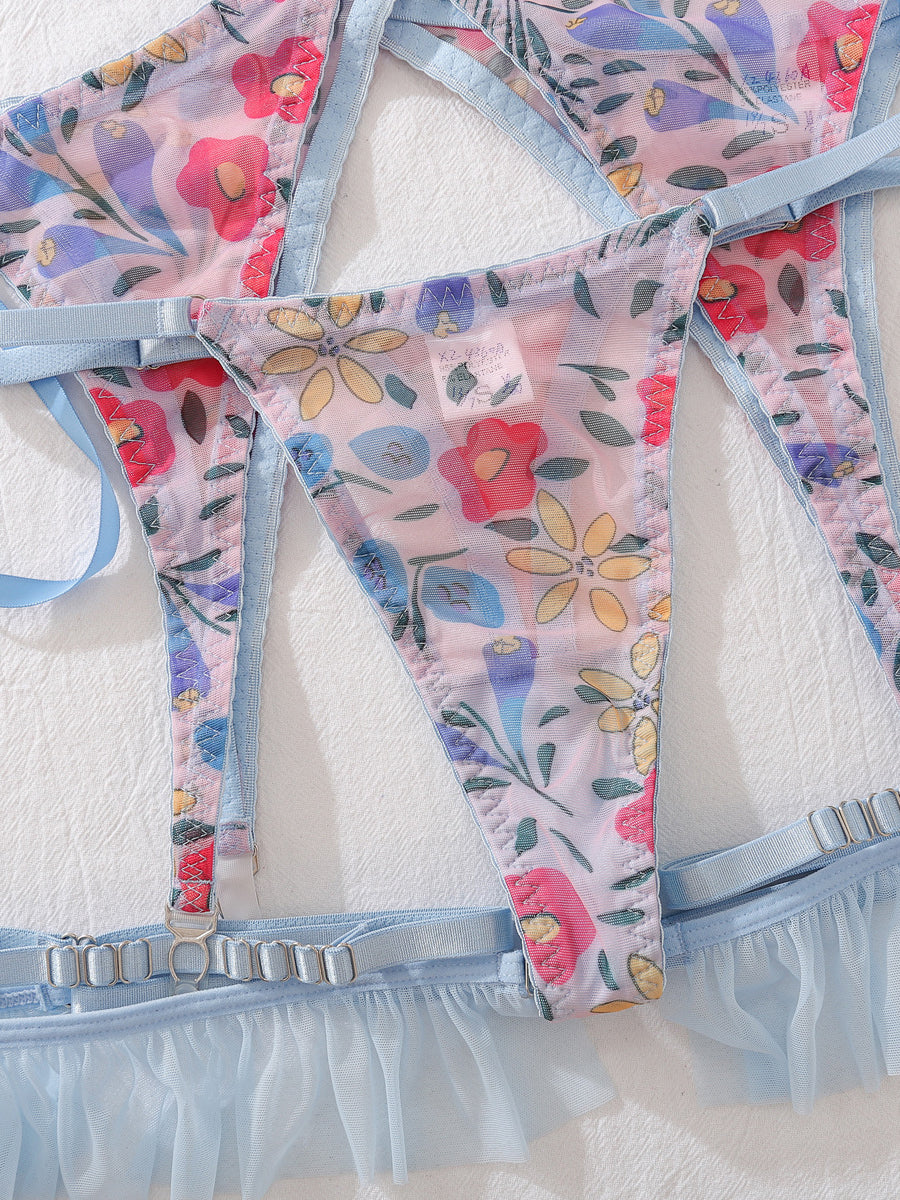 Sexy cute floral erotic lingerie four-piece set
