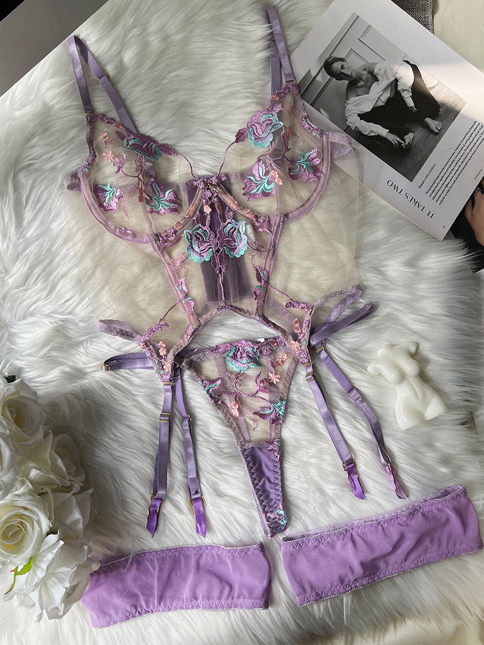 Sexy Purple Embroidered Mesh Lingerie Set