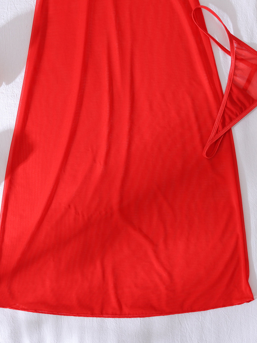 New red nightdress with breast stickers sexy underwear set