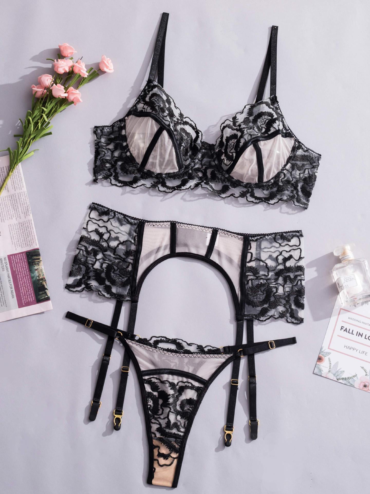 Flower Embroidered Sexy Lingerie Three-piece Set