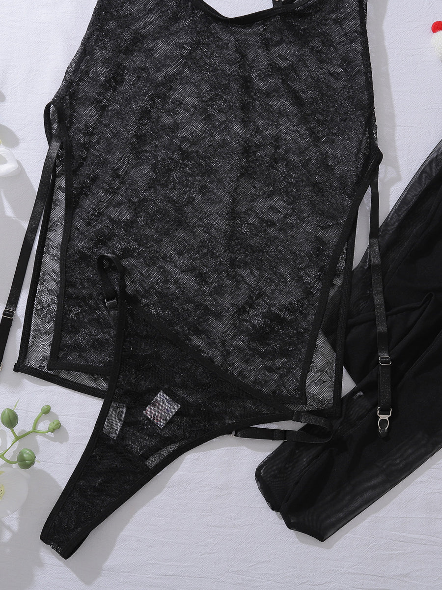 Sexy lace see-through stockings underwear three-piece set