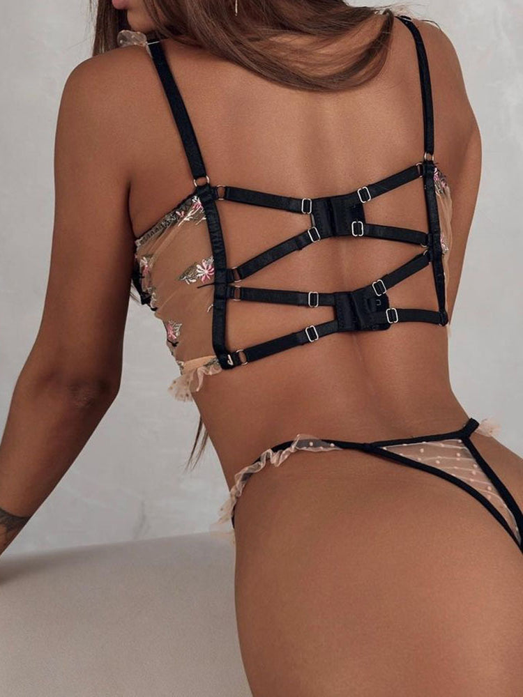 Sexy lace flower embroidered underwear 2 piece set