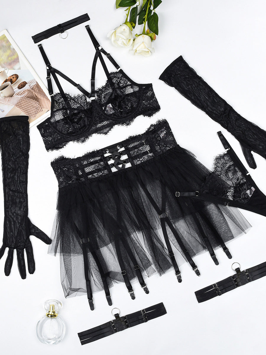 Hot selling sexy lingerie lace see-through mesh sexy tutu skirt six piece set