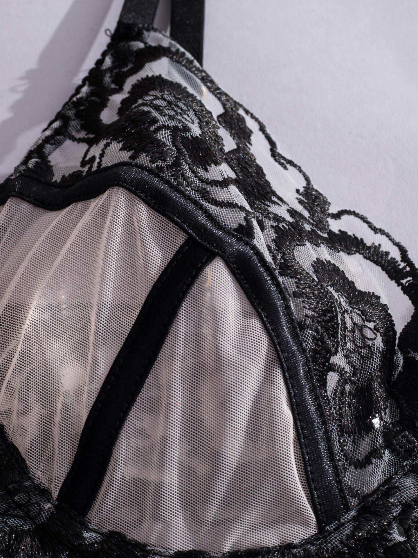 Flower Embroidered Sexy Lingerie Three-piece Set