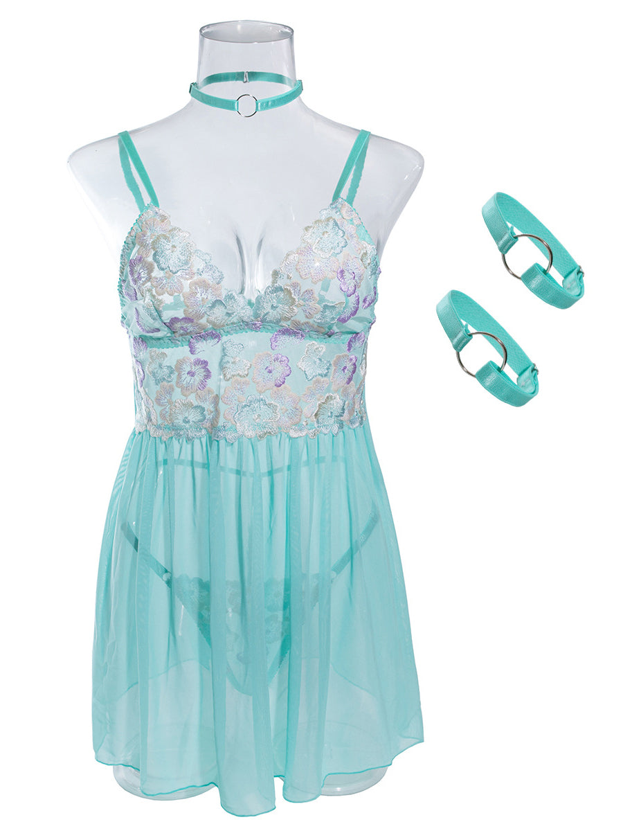 Hot Sale Embroidered Sexy Thong Suspender Dress Set
