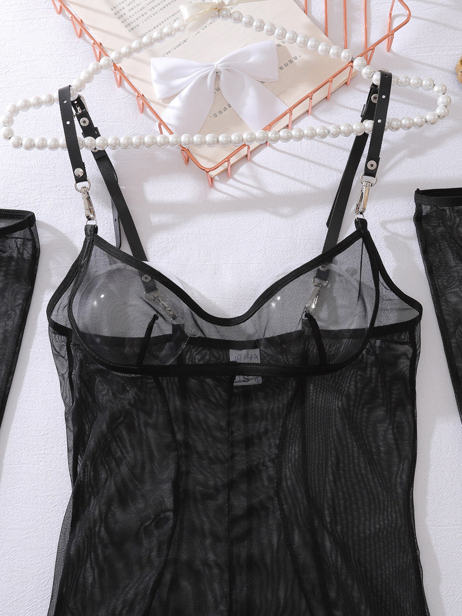 New Arrival Adjustable PU Belt Mesh Dress Shaping Sexy Suit with Gloves