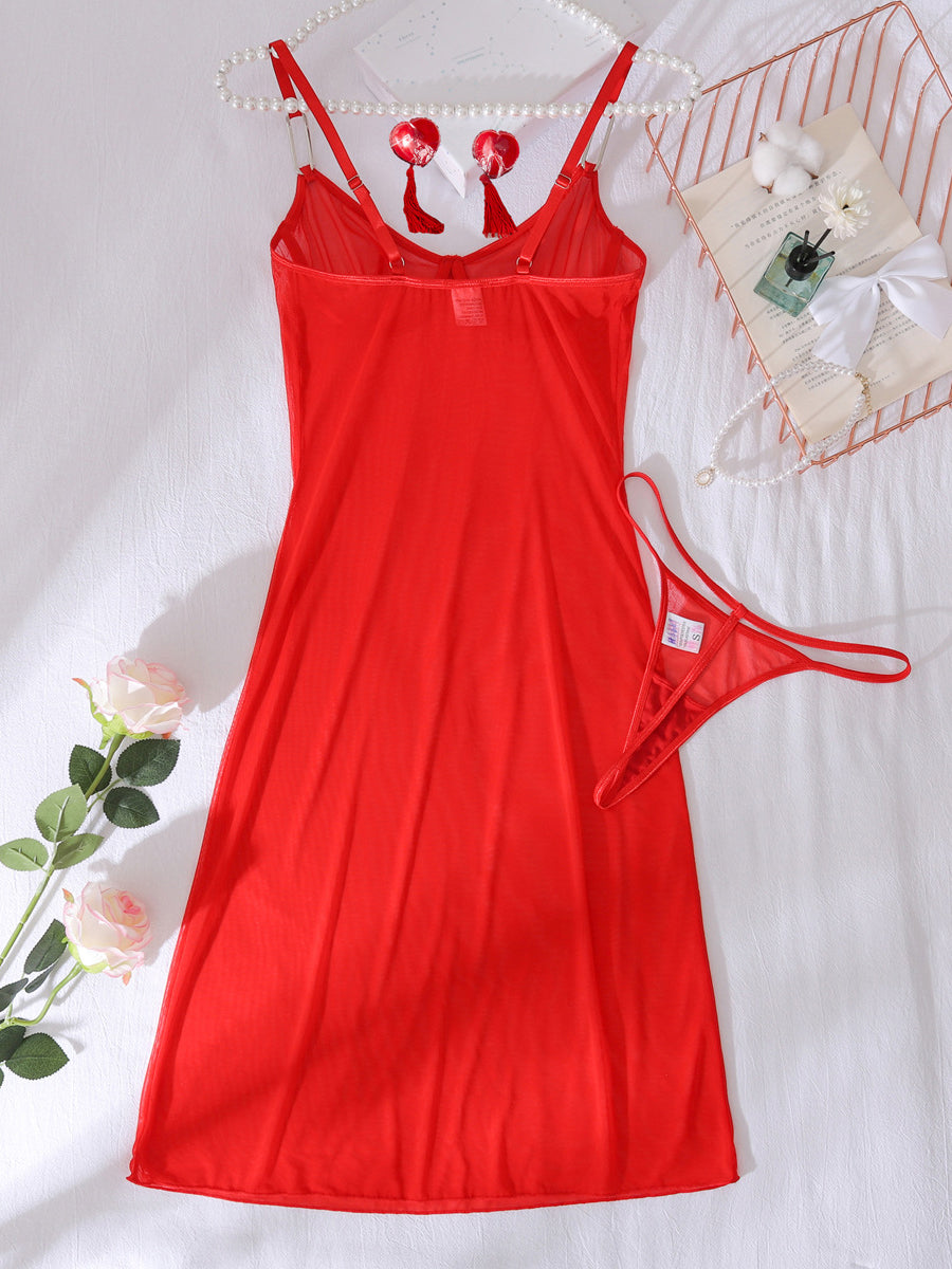 New red nightdress with breast stickers sexy underwear set