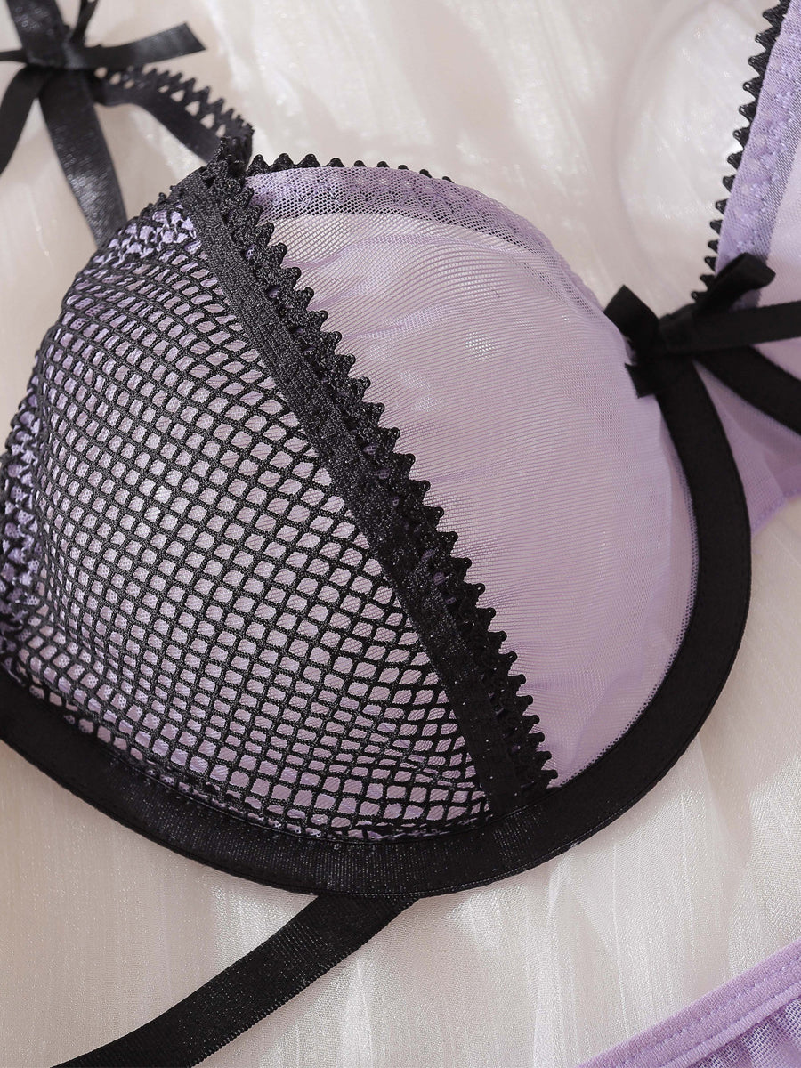 Sexy purple bow erotic underwear four-piece set