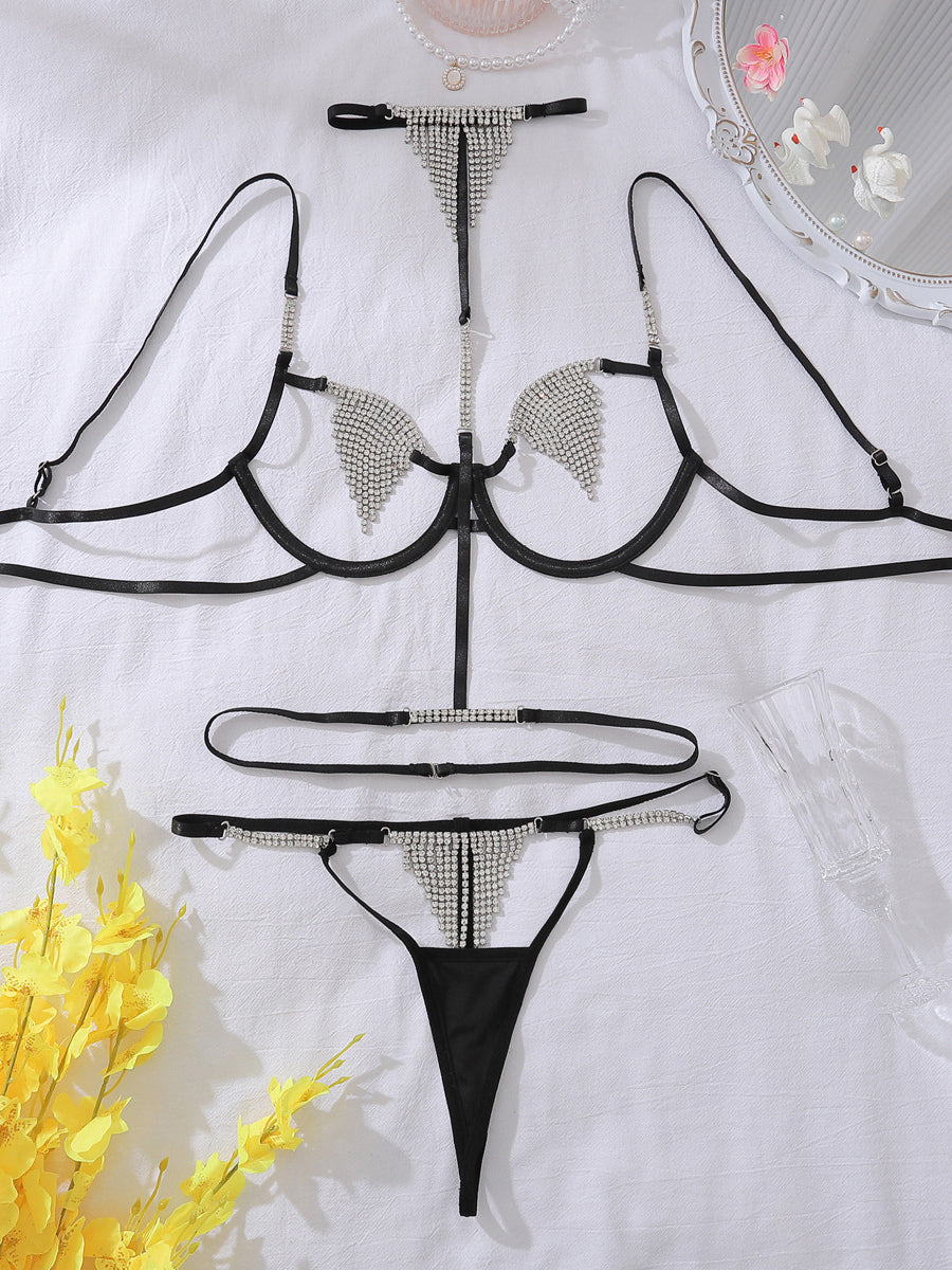 Rhinestone sexy lingerie two-piece set