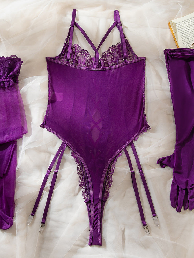 Sexy erotic bodysuit lace with gloves and stockings set