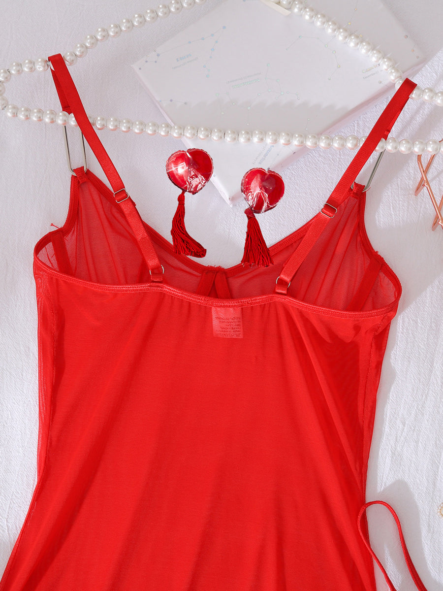New red nightdress with breast stickers sexy underwear set