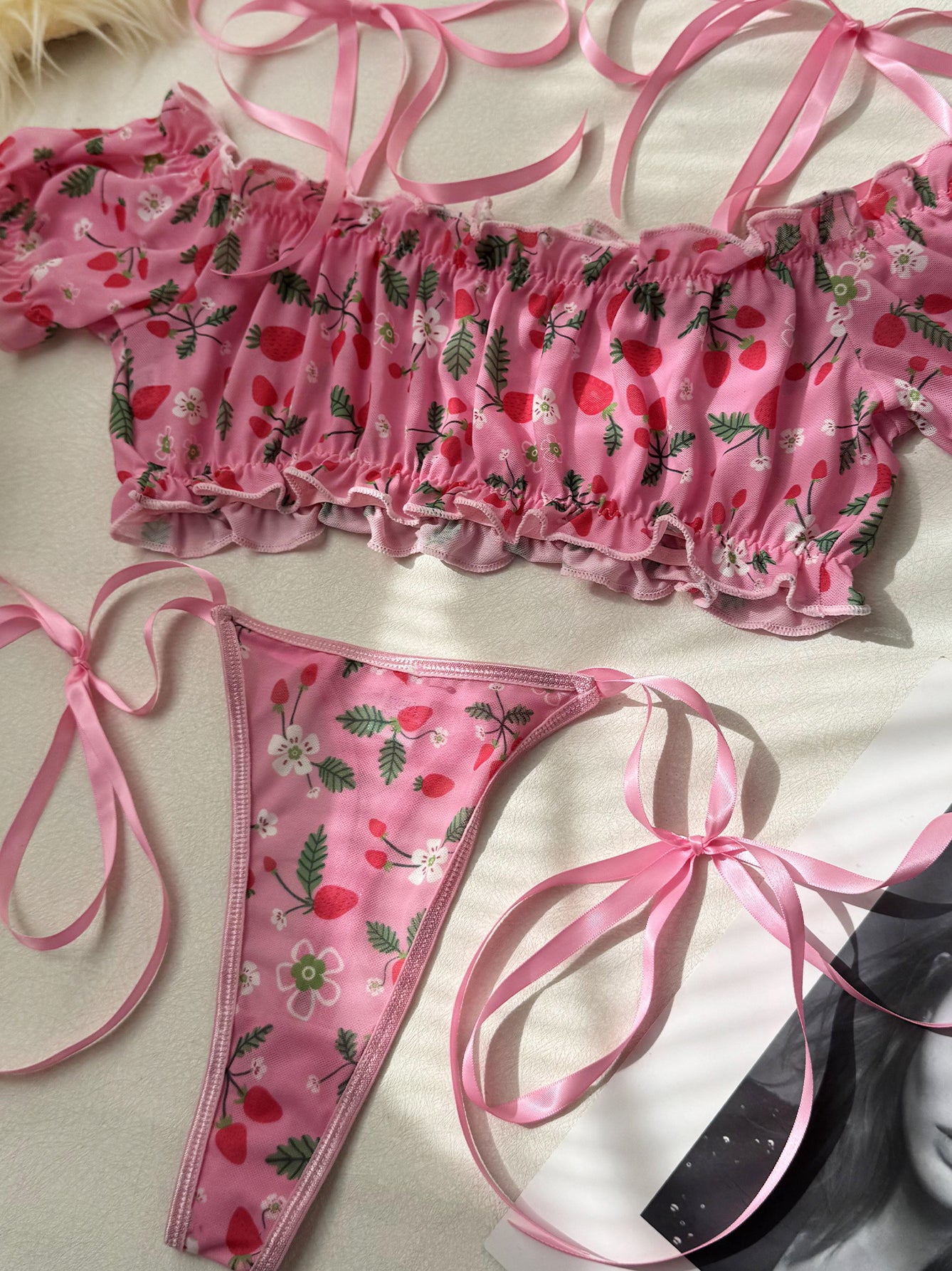 Ribbon off-shoulder cute pink cherry lingerie two-piece set
