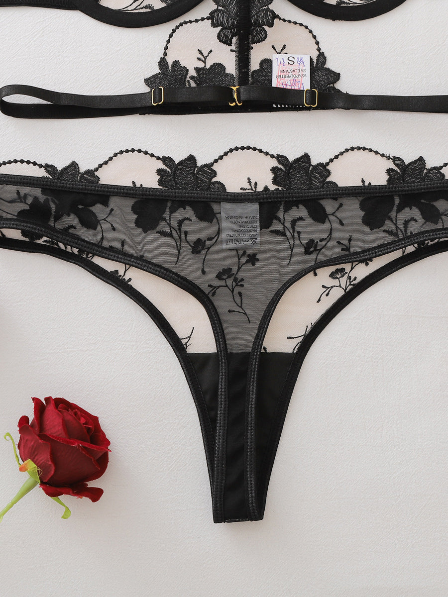 Floral Embroidered Sheer Halter-Neck Body-Shaping Sexy Two-Piece Lingerie Set