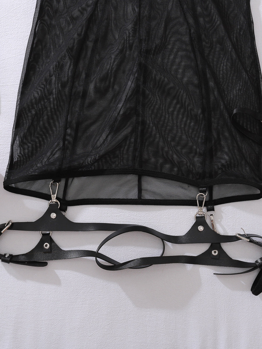 New Arrival Adjustable PU Belt Mesh Dress Shaping Sexy Suit with Gloves