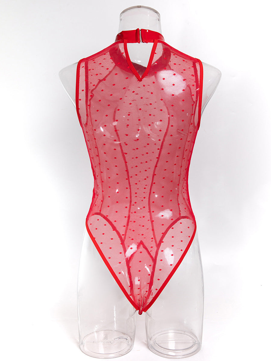 Sexy Sheer Mesh and PU Leather Polka-Dot Bodysuit Lingerie