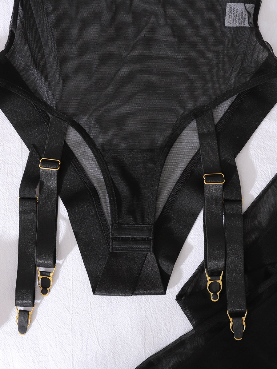 Sexy mesh bodysuit with leg stockings sexy lingerie two piece set