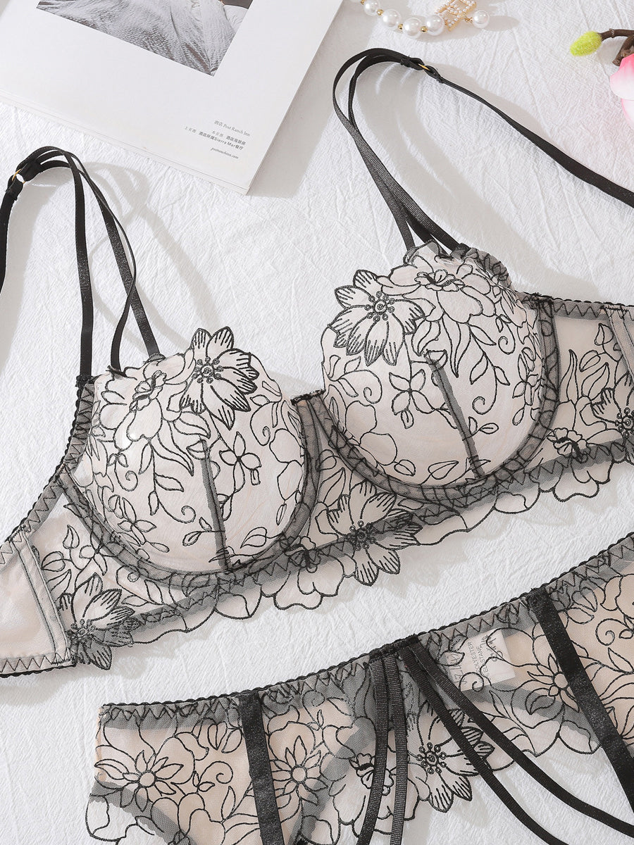 Sexy lace flower embroidered underwear four-piece set