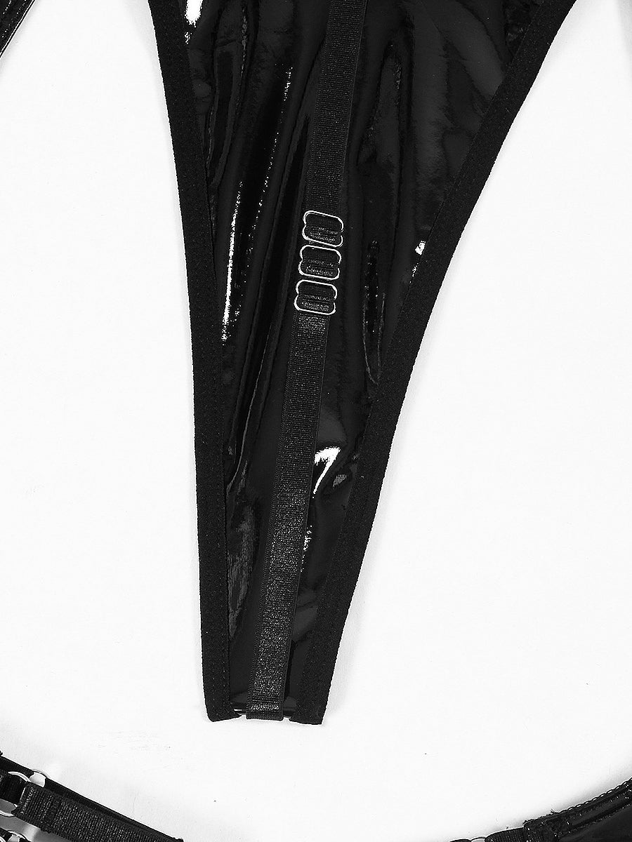 Sexy patent leather lingerie garter set four piece