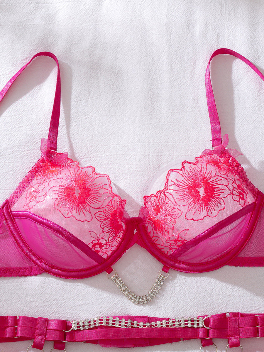 Rhinestone floral embroidered sexy lingerie set
