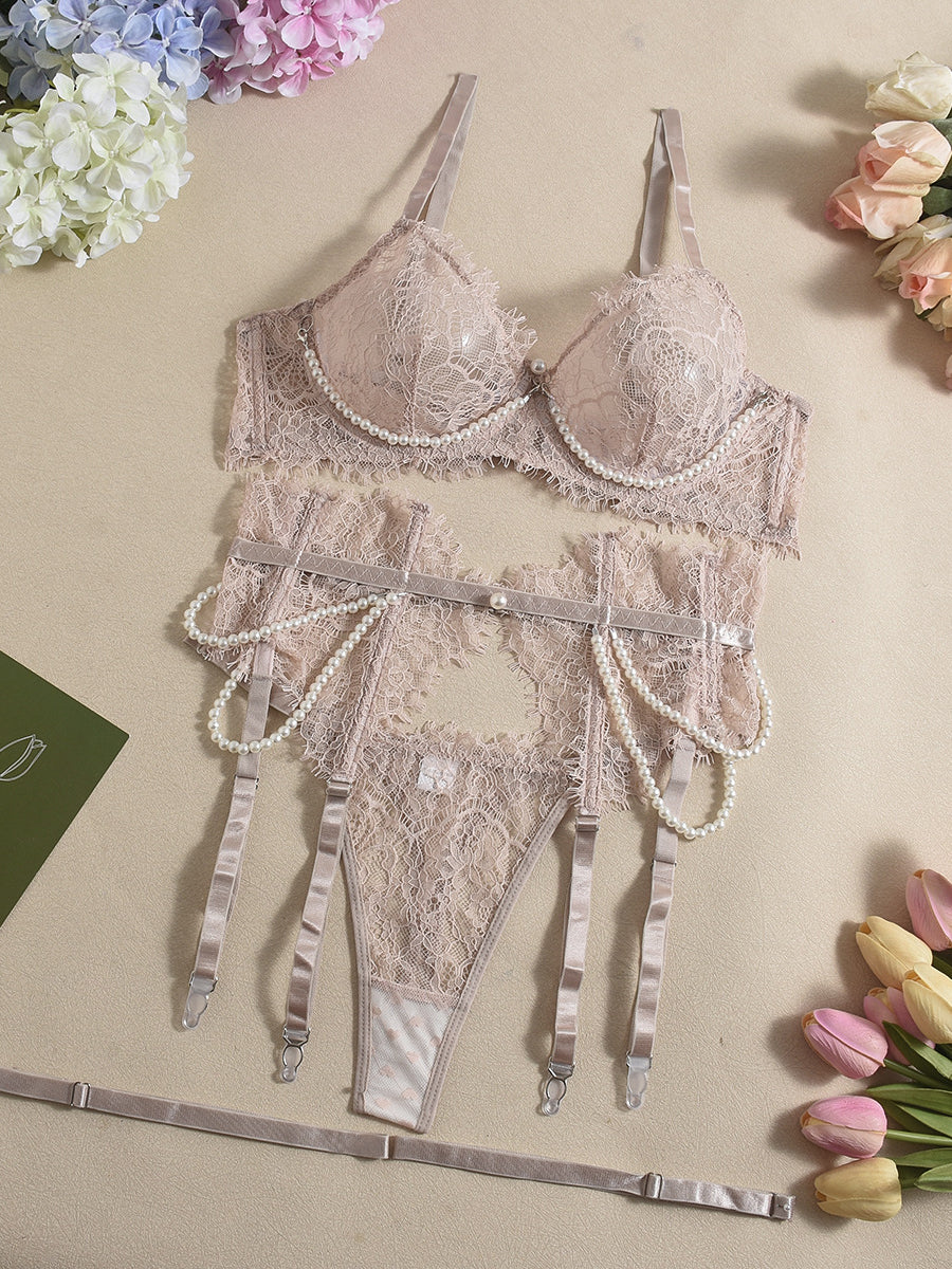 Elegant and sexy pearl detachable fish bone waist eyelash lace underwear set