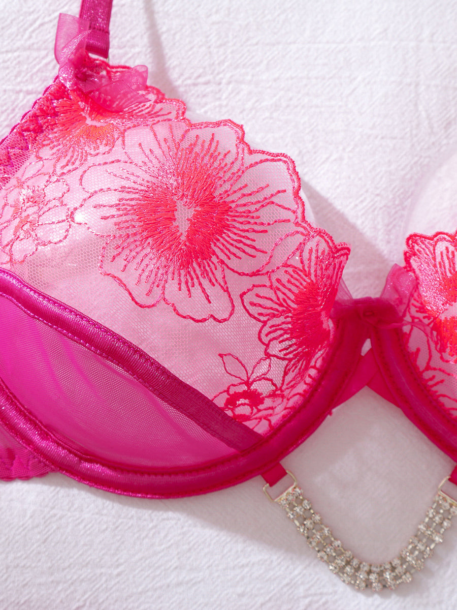 Rhinestone floral embroidered sexy lingerie set