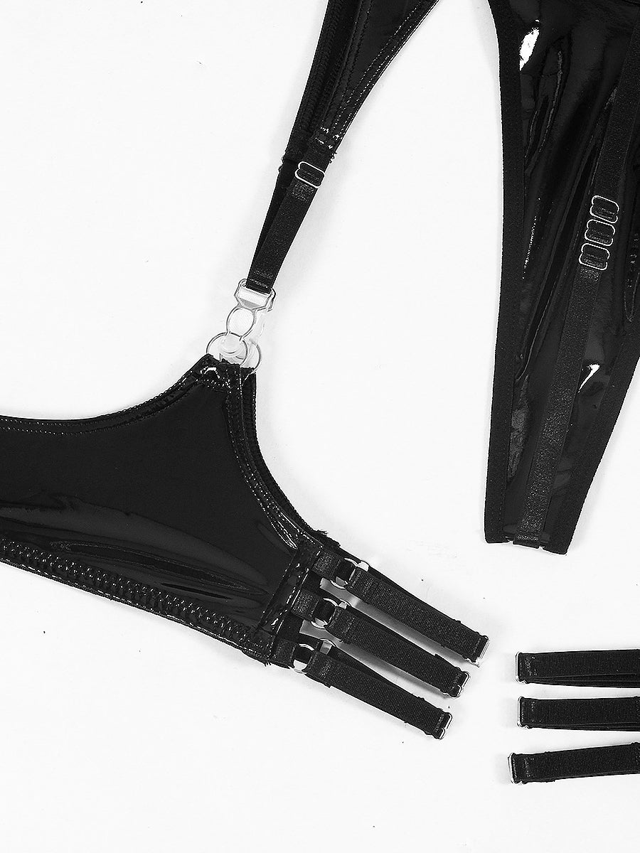 Sexy patent leather lingerie garter set four piece