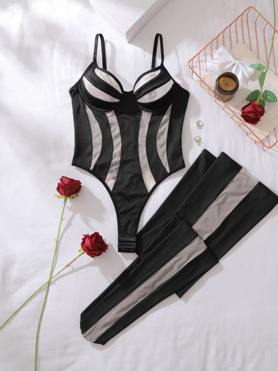 New sexy mesh see-through bodysuit set with stockings