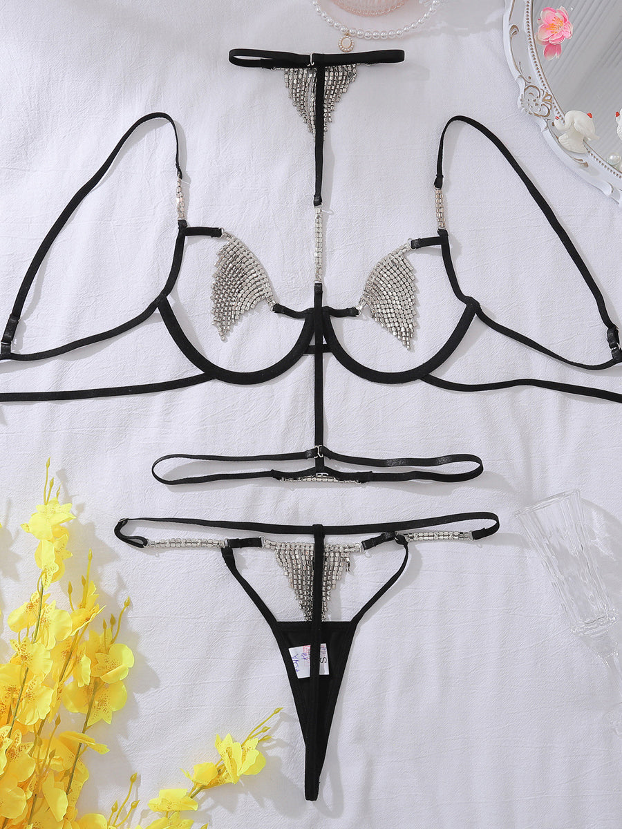 Rhinestone sexy lingerie two-piece set