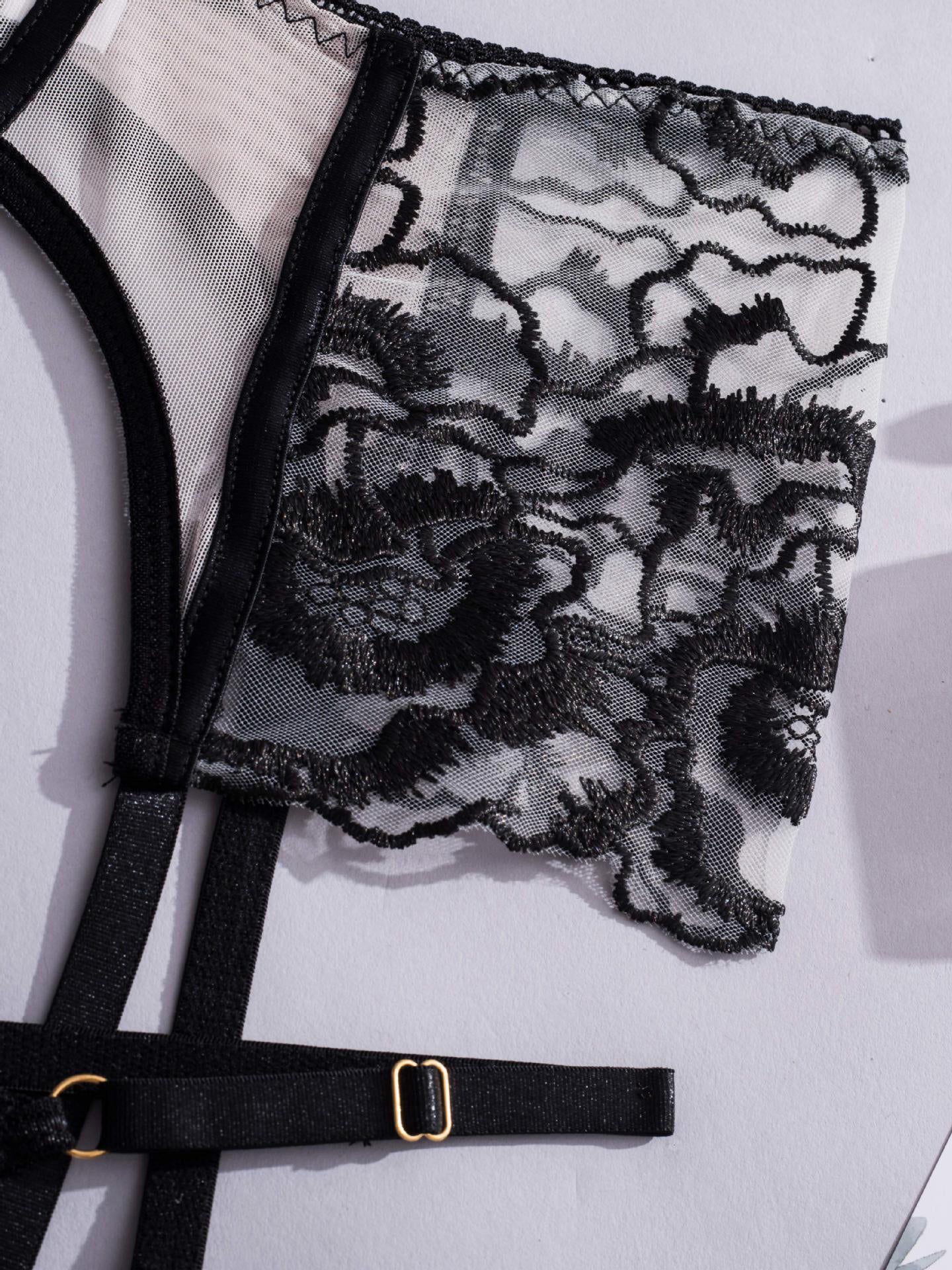 Flower Embroidered Sexy Lingerie Three-piece Set