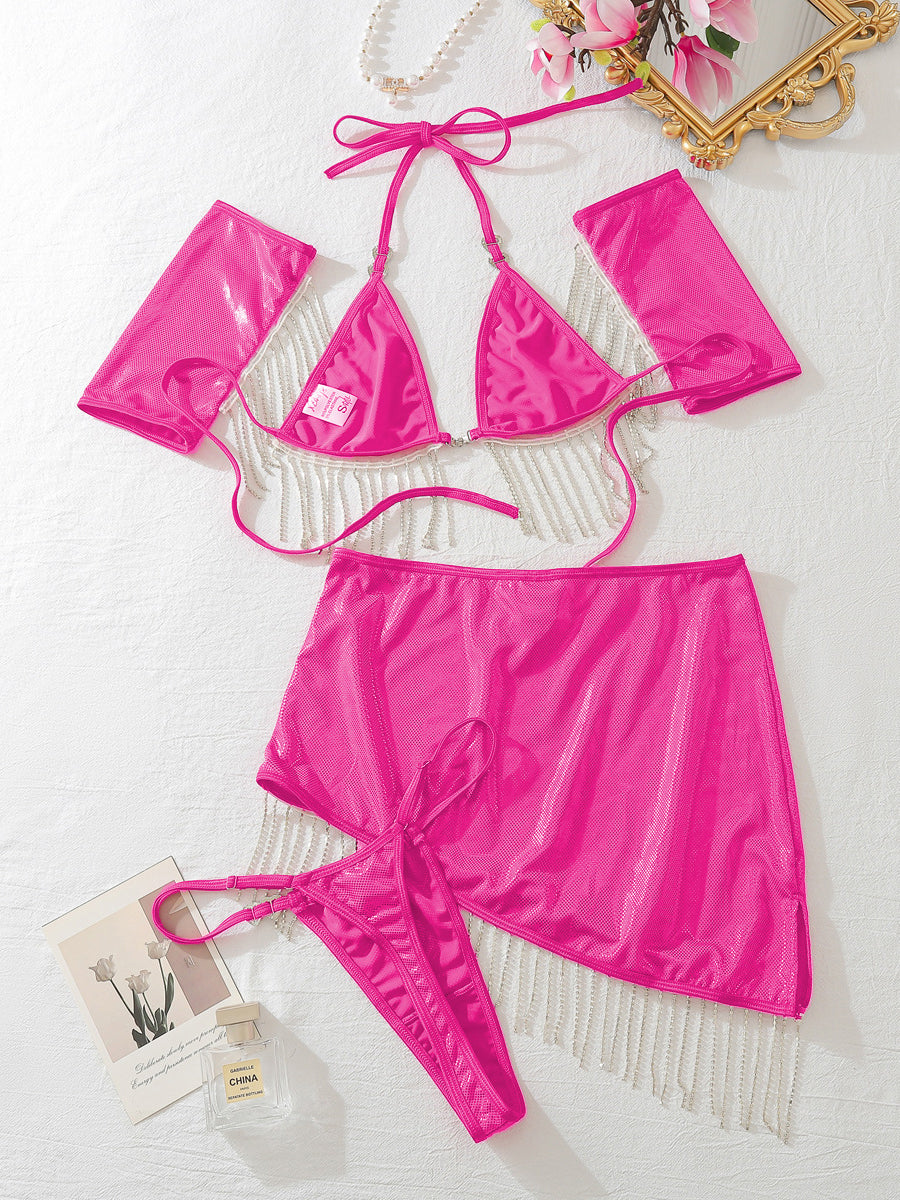 New sexy lingerie rhinestone chain set four piece set