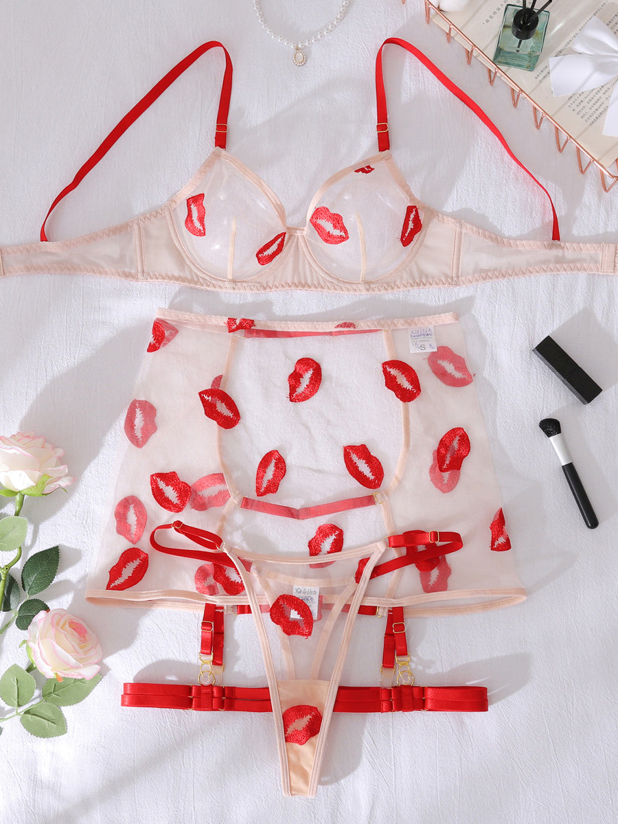Embroidered red lips sexy lingerie set