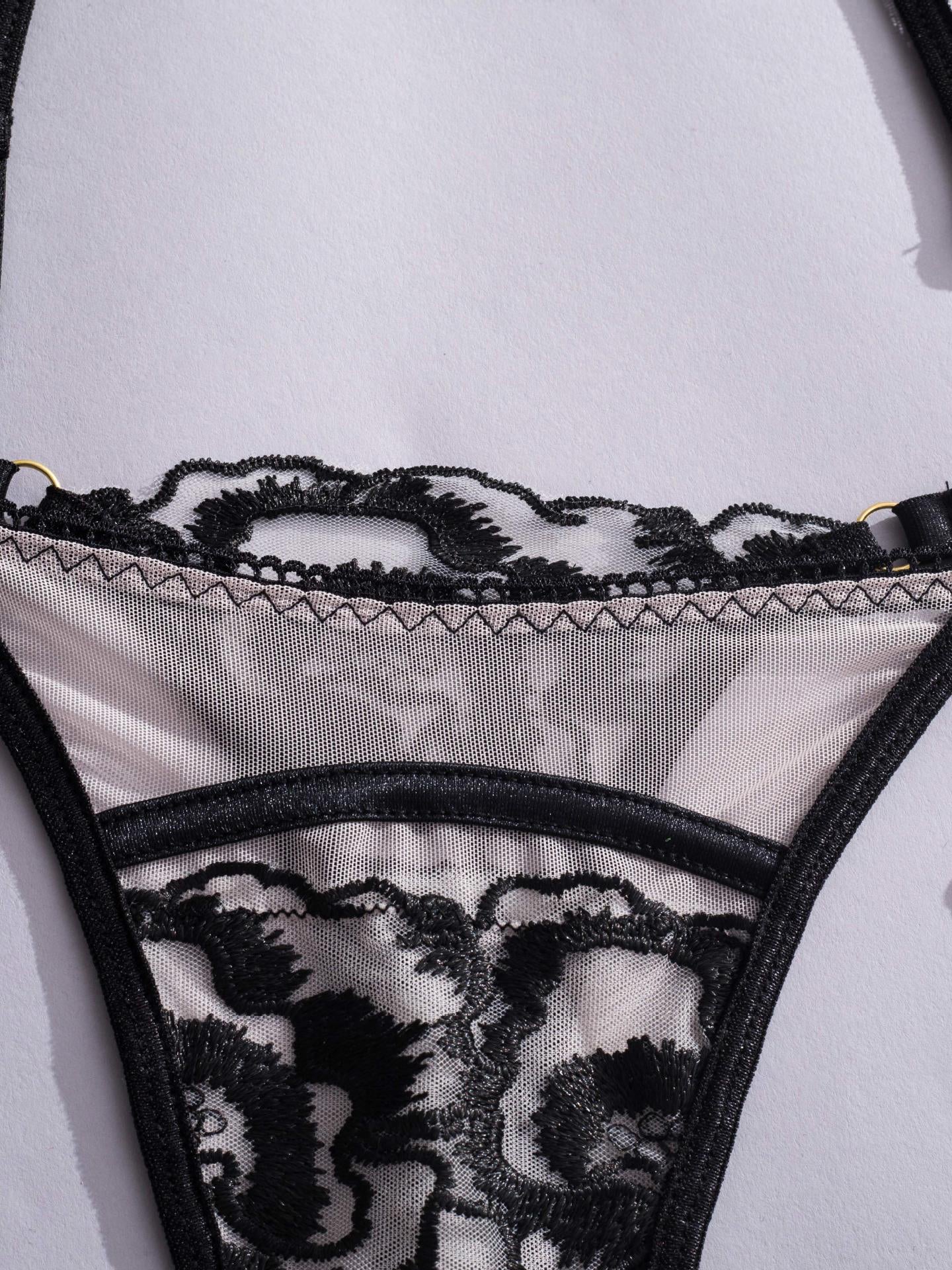Flower Embroidered Sexy Lingerie Three-piece Set