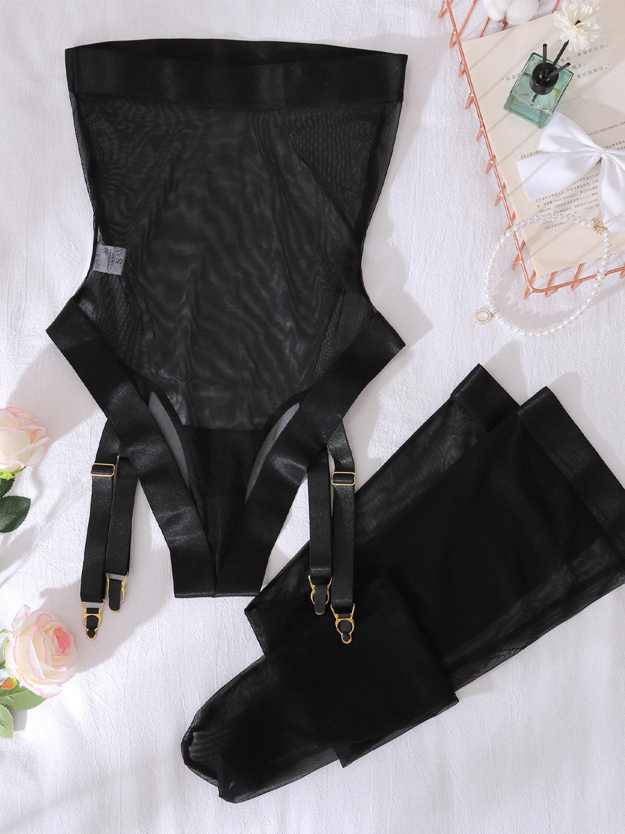 Sexy mesh bodysuit with leg stockings sexy lingerie two piece set