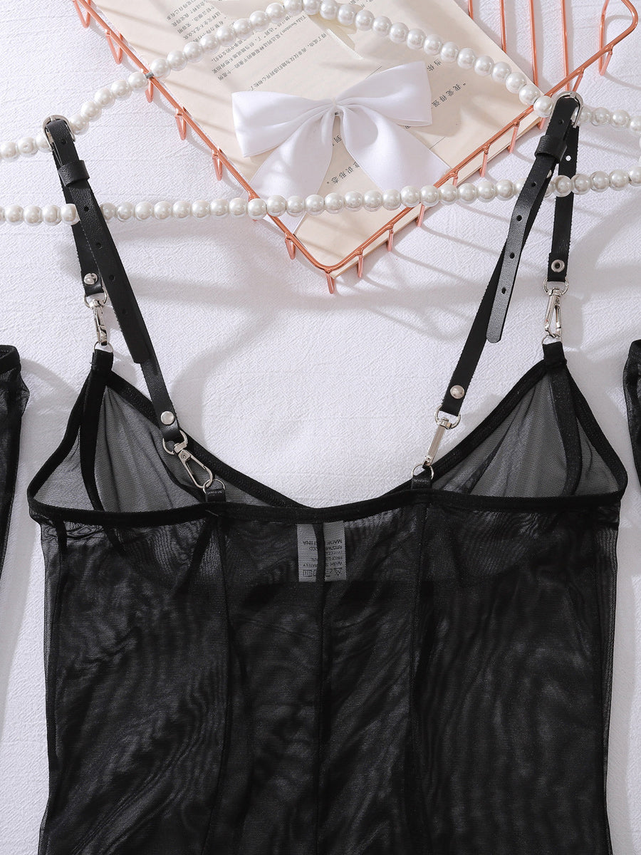 New Arrival Adjustable PU Belt Mesh Dress Shaping Sexy Suit with Gloves