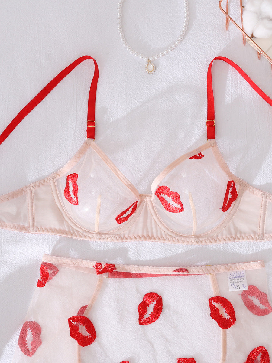 Embroidered red lips sexy lingerie set