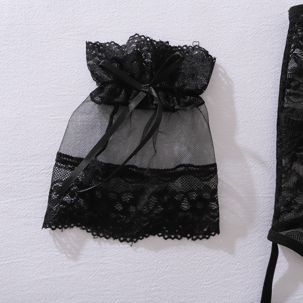 Sexy lace floral embroidery bustier, wrist cuff, and stocking set.