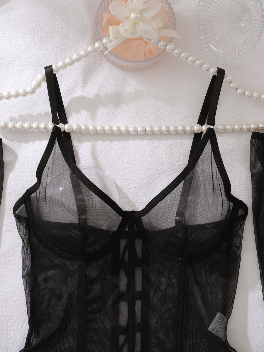 Sexy mesh strap body shaper with gloves and stockings four-piece set
