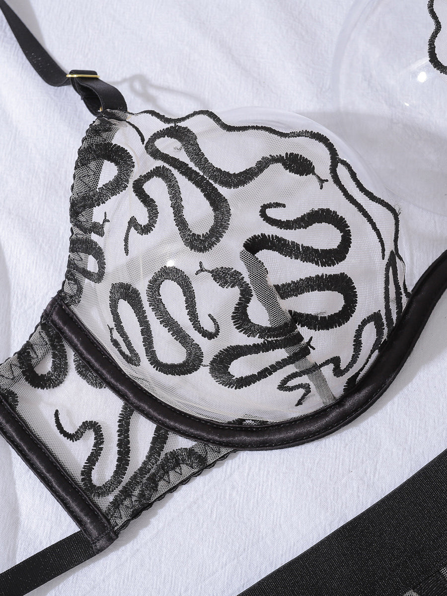 Sexy snake pattern embroidered underwear panties stockings four-piece set
