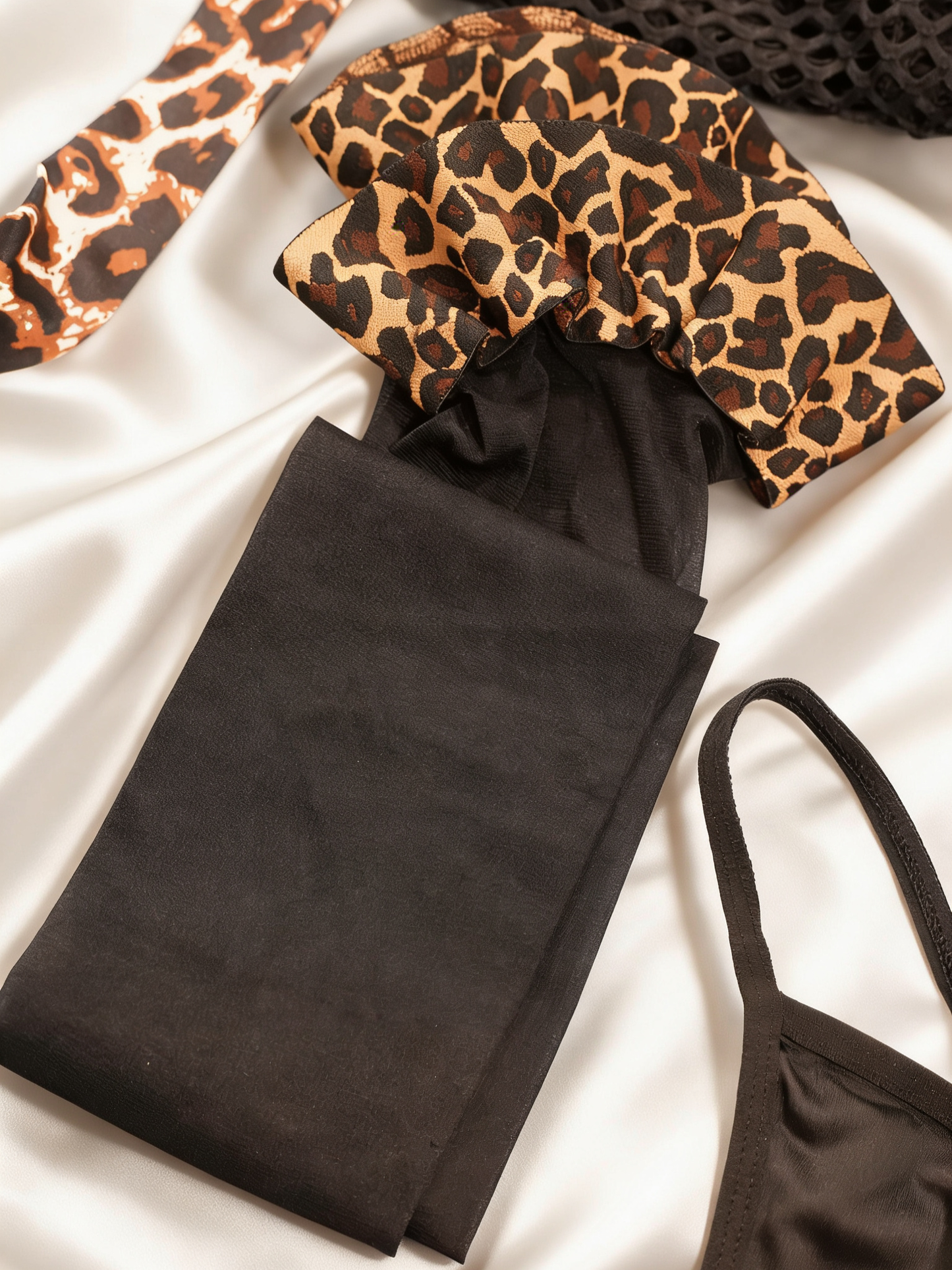 New leopard print sexy sheer dress, headband, neck ring, nipple pasties, gloves, and stockings set.