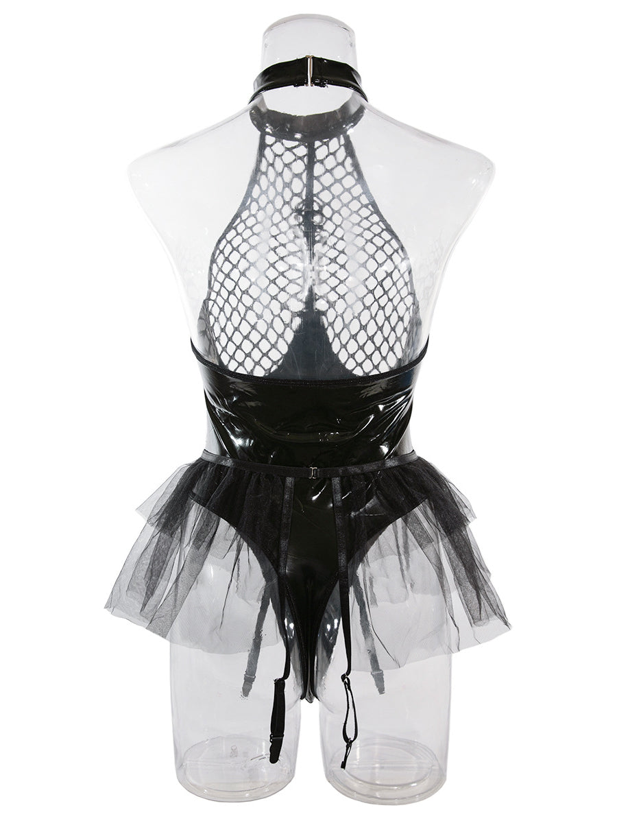 Sexy PU Sexy Lingerie Mesh Puffy Skirt Garter Bodysuit Set