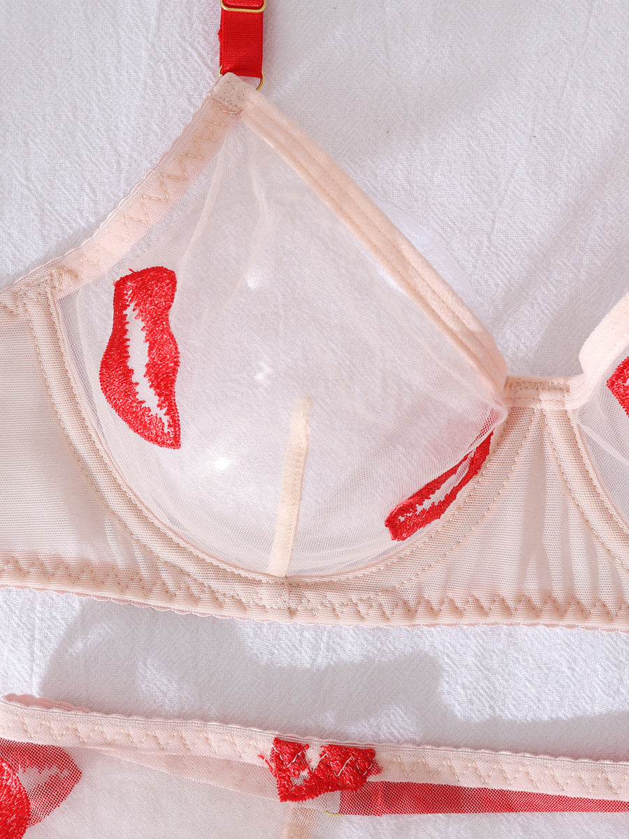 Embroidered red lips sexy lingerie set