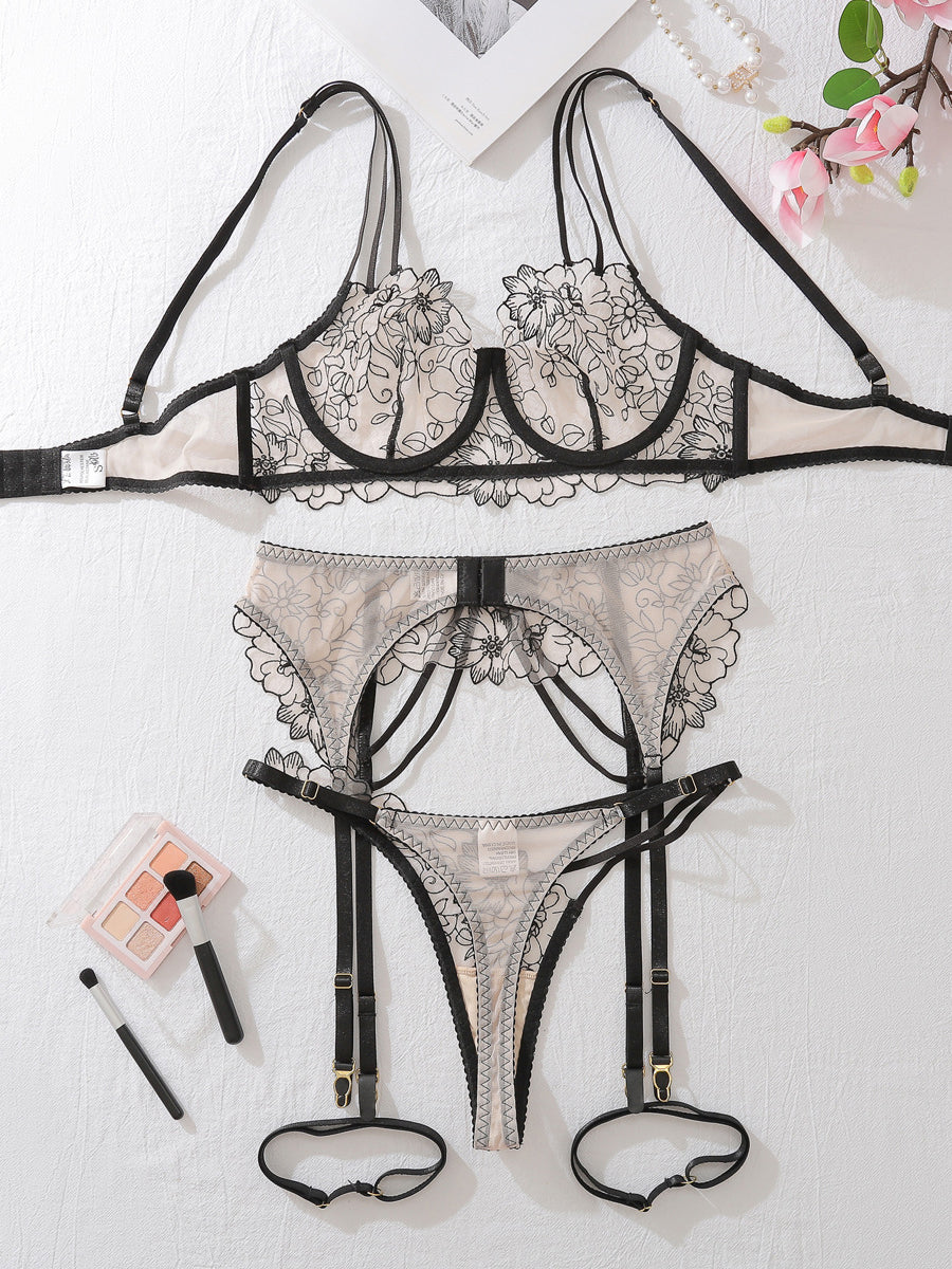 Sexy lace flower embroidered underwear four-piece set