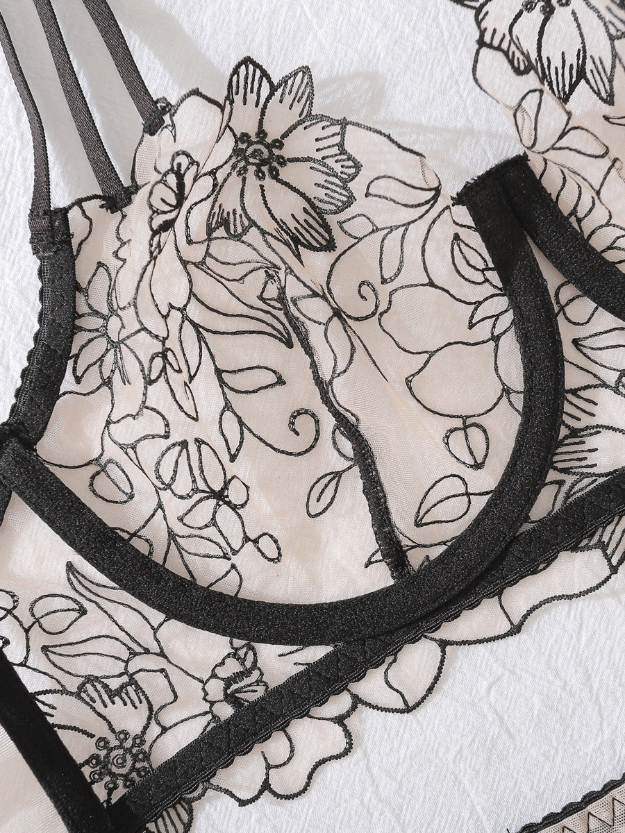 Sexy lace flower embroidered underwear four-piece set