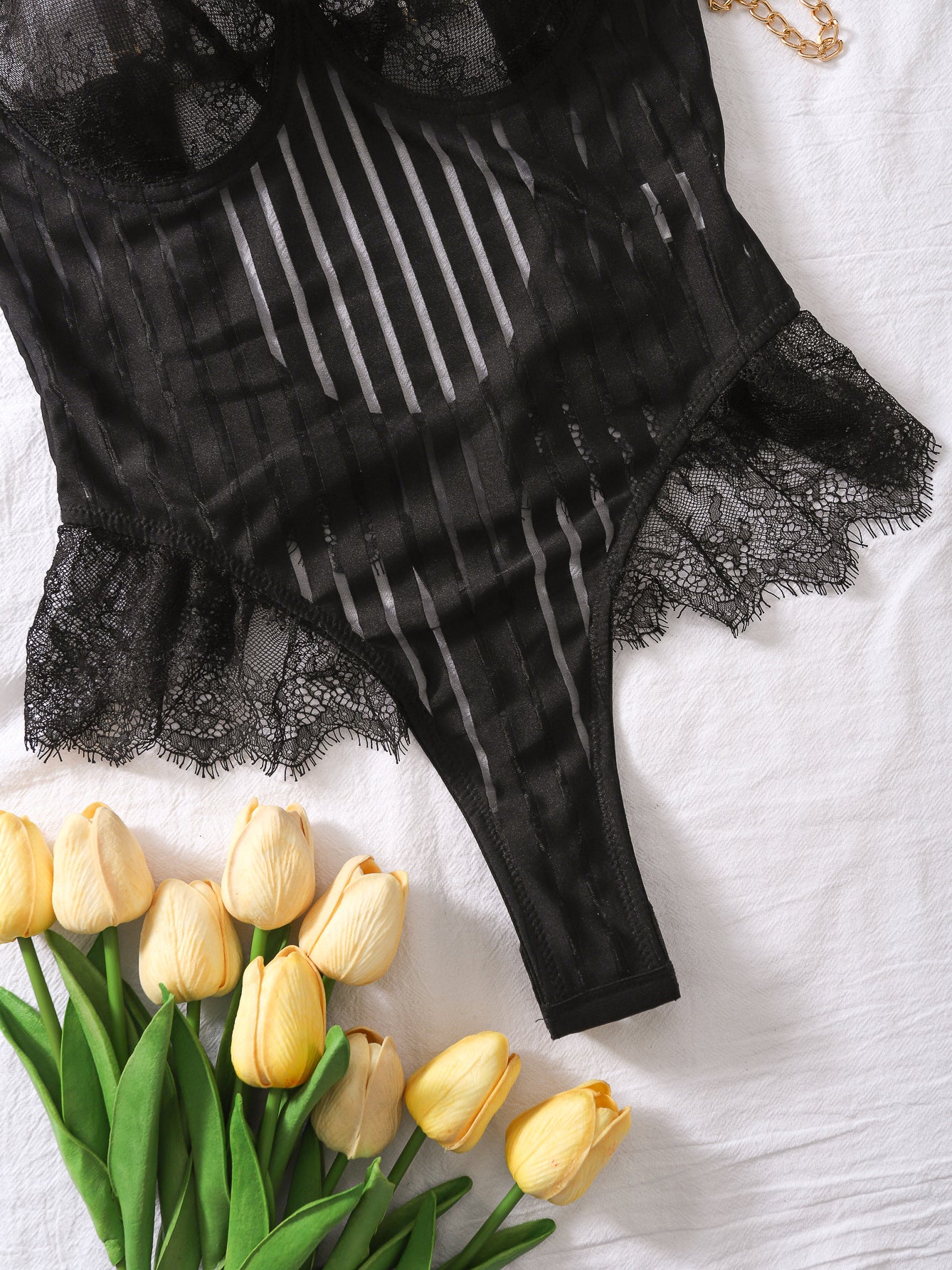 Sexy lace vertical striped feather bodysuit