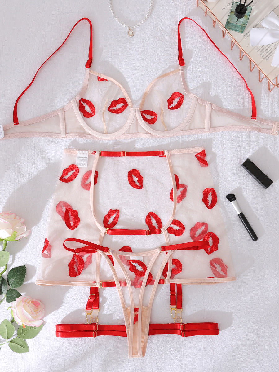 Embroidered red lips sexy lingerie set