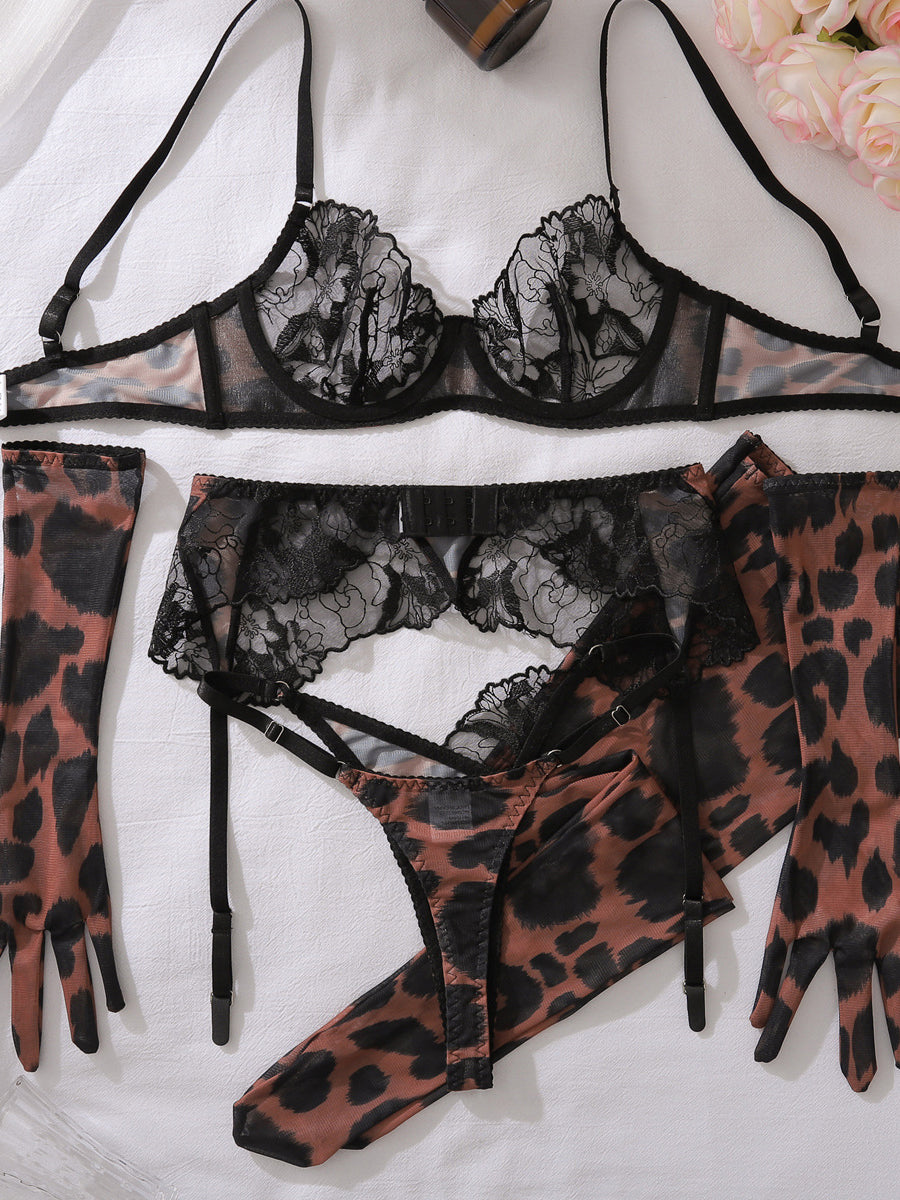 New sexy leopard lace underwear gloves five-piece set