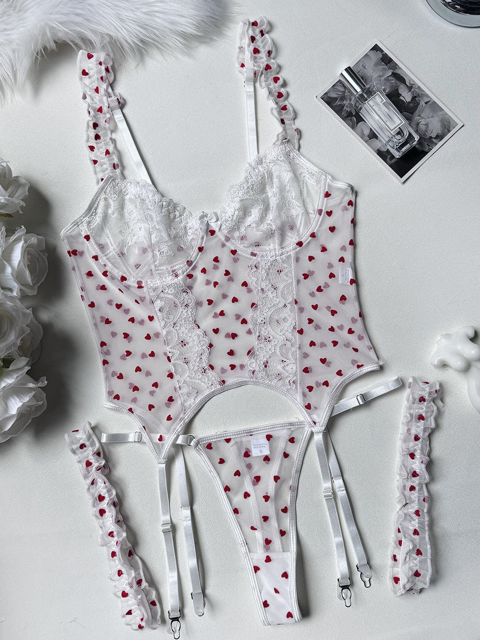 New sexy lace bow heart temptation fun three-piece set