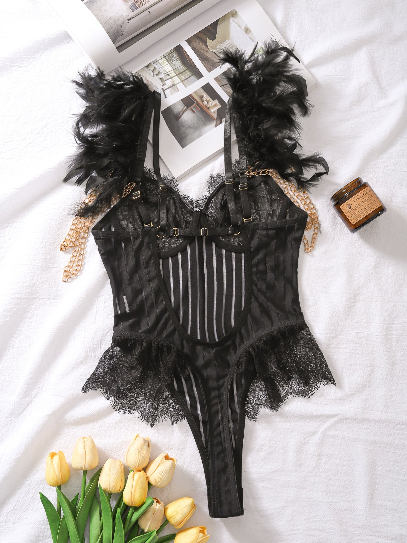 Sexy lace vertical striped feather bodysuit